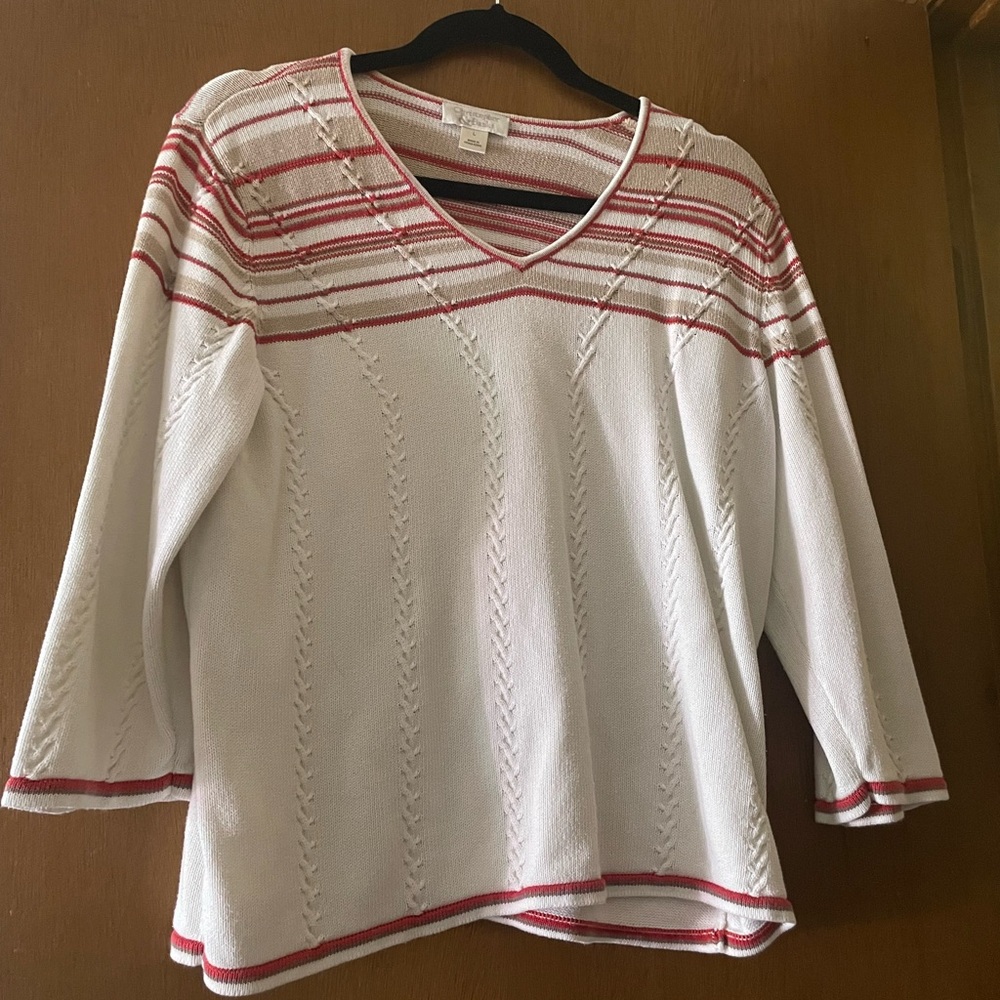 Christopher & Banks White and Red V-Neck Sweater